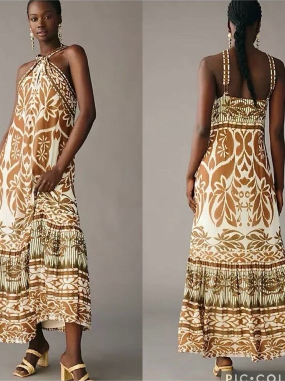 Brown and Cream Printed Maxi Dress with Cross Straps